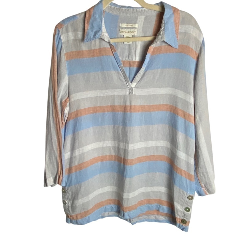 Cynthia Rowley Size Medium Pure Linen Striped Pop Over Blouse Stripes White Blue